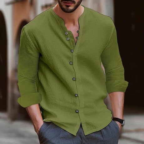 Band Collar Long Sleeve Button Up Shirt // Green (XS)