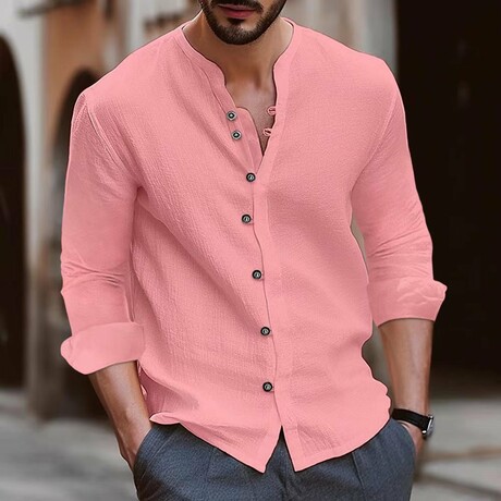 Band Collar Long Sleeve Button Up Shirt // Pink (XS)