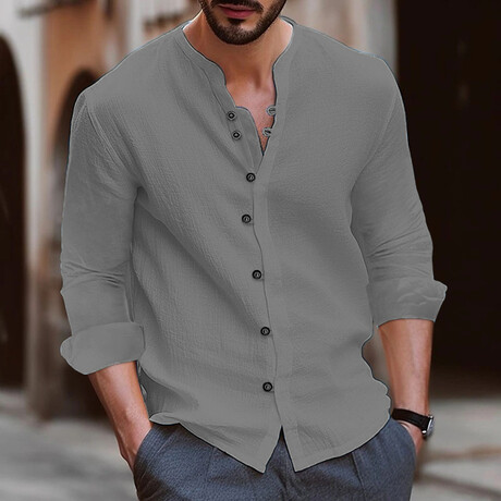 Band Collar Long Sleeve Button Up Shirt // Gray (XS)