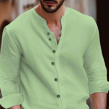 Band Collar Long Sleeve Button Up Shirt // Light Green (XS)