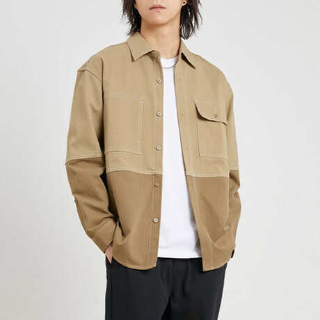 Color Block Shirt Jacket // Brown (XL)