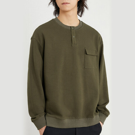 Button Crewneck Sweater // Army green (XS)