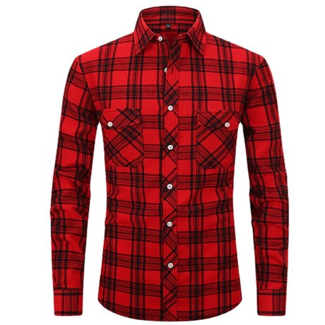 Plaid w/ 2 Front Pockets Long Sleeve Button-Up // Black + Red (XS)