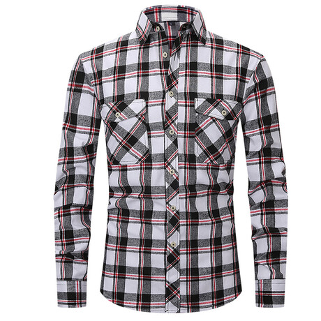 Plaid w/ 2 Front Pockets Long Sleeve Button-Up // White + Wine Red (XS)