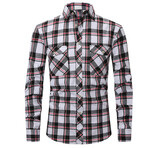 Plaid w/ 2 Front Pockets Long Sleeve Button-Up // White + Wine Red (M)
