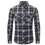 Plaid w/ 2 Front Pockets Long Sleeve Button-Up // Navy + White (XL)