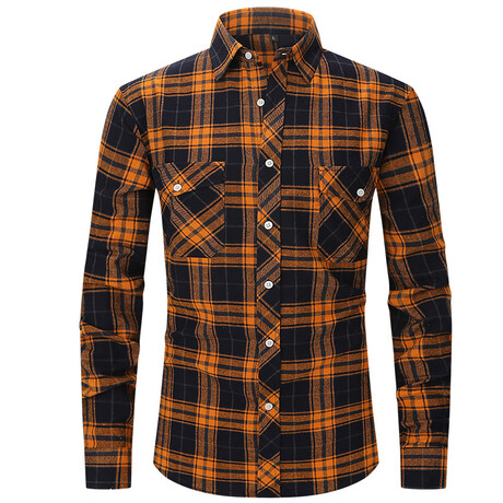Plaid w/ 2 Front Pockets Long Sleeve Button-Up // Orange + Navy (XS)