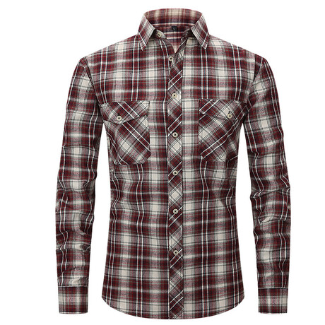 Plaid w/ 2 Front Pockets Long Sleeve Button-Up // Wine Red + Beige (XS)