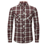 Plaid w/ 2 Front Pockets Long Sleeve Button-Up // Wine Red + Beige (XL)