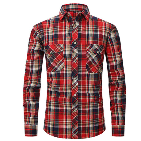 Plaid w/ 2 Front Pockets Long Sleeve Button-Upp // Bright Red + Green (XS)