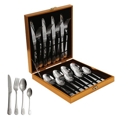 Cutlery Sets - 16pc with Wooden Box - Engraved Printing (Silver Engraved)