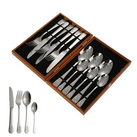 Cutlery Sets - 12pc with Wooden Box - Engraved Printing (Gold Engraved)