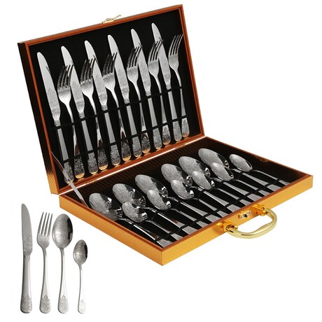 Cutlery Sets - 24pc with Wooden Box - Engraved Printing (Silver Engraved)
