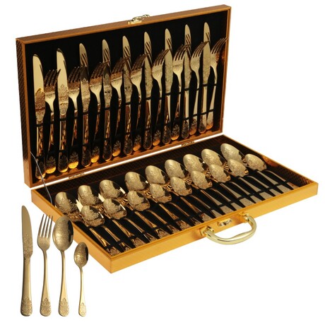 Cutlery Sets - 36pc with Wooden Box - Engraved Printing (Silver Engraved)