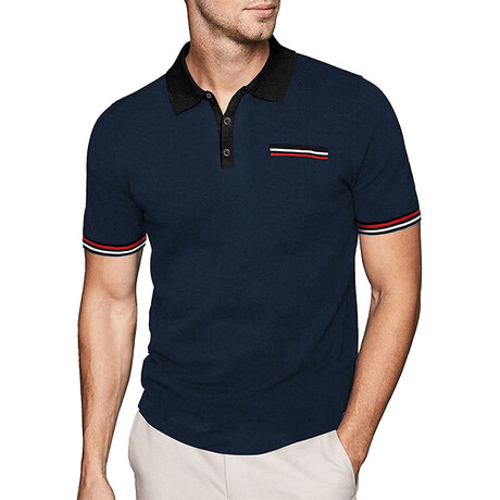 Rene Lion // Button Up Collar T-Shirt // Navy Blue (XS)