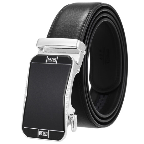 Leather Belt - Automatic Buckle // Black + Silver & Black Textured Buckle