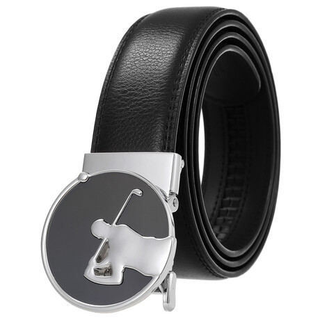 Leather Belt - Automatic Buckle // Black + Silver Golf Buckle
