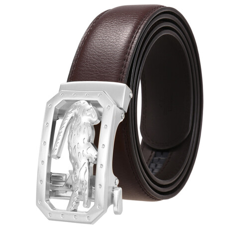 Leather Belt - Automatic Buckle // Brown + Silver Crocodile Buckle
