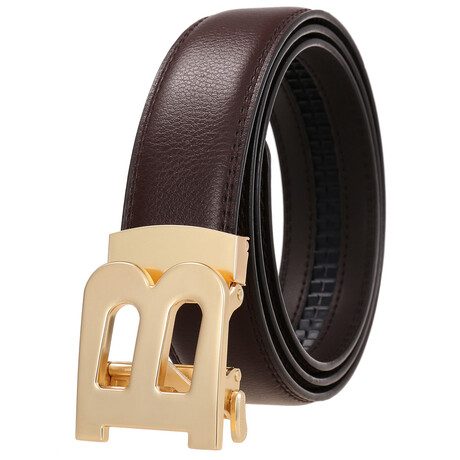 Leather Belt - Automatic Buckle // Brown + B Gold Buckle