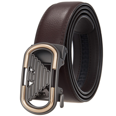 Leather Belt - Automatic Buckle // Brown + Silver & Black Eagle Buckle