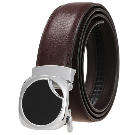Leather Belt - Automatic Buckle // Brown + Silver & Black Square & Circle Buckle