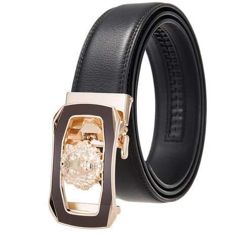 Leather Belt - Automatic Buckle // Black + Cooper Lion Buckle