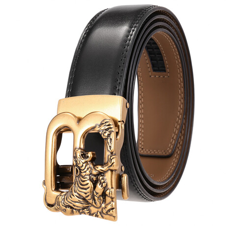 Leather Belt - Automatic Buckle // Black + B Gold Buckle