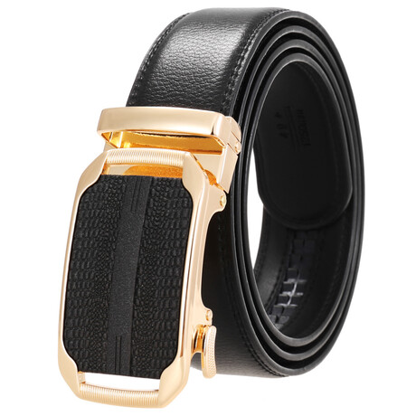 Leather Belt - Automatic Buckle // Black + Gold & Black Scales Textured Buckle