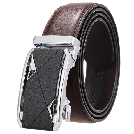 Leather Belt - Automatic Buckle // Brown + Silver Textured Buckle