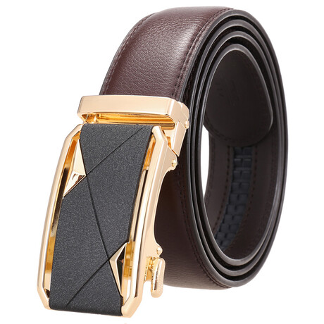 Leather Belt - Automatic Buckle // Brown + Gold & Black Textured Buckel