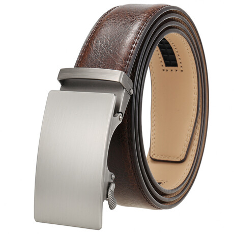 Leather Belt - Automatic Buckle // Brown + Plain Silver Matte Buckle