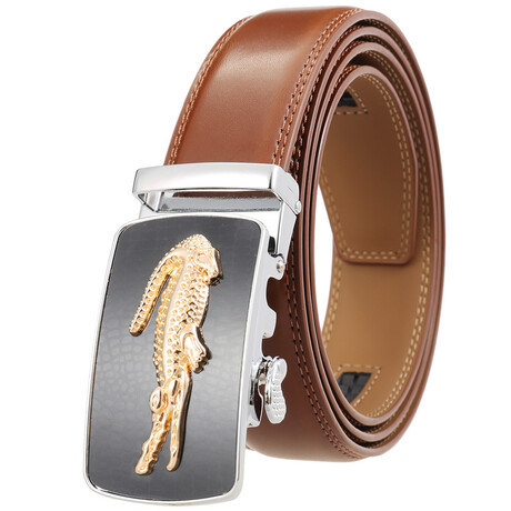 Leather Belt - Automatic Buckle // Tan + Silver with Gold Crocodile Buckle