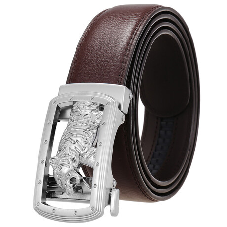 Leather Belt - Automatic Buckle // Brown + Silver Tiger Buckle