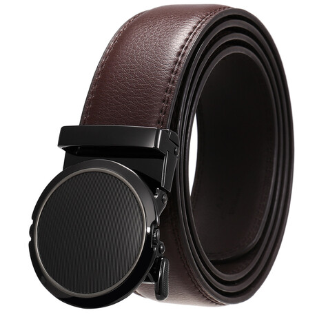 Leather Belt - Automatic Buckle // Brown + Black Circle Textured Buckle