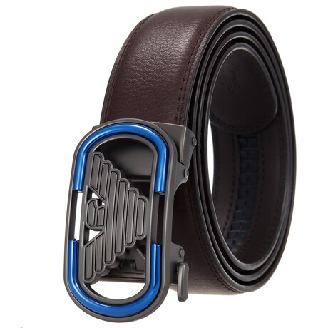 Leather Belt - Automatic Buckle // Brown + Silver & Blue Eagle Buckle