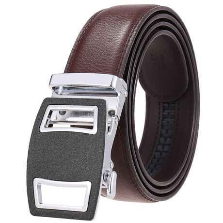 Leather Belt - Automatic Buckle // Brown + Silver Textured Buckle // Style 2