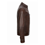 Shoulder Details Casual Racer Leather Jacket // Chestnut (3XL)