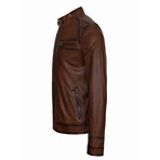 Front Pockets Shoulder Details Racer Leather Jacket // Chestnut (XL)