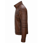 Mock Neck Quilted Shoulders Racer Leather Jacket // Chestnut (3XL)