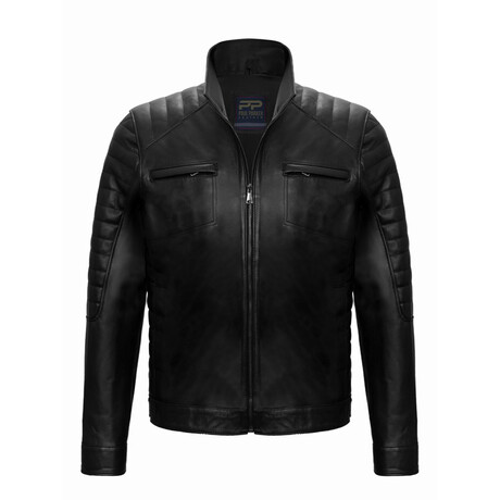 Shoulder Details Casual Racer Leather Jacket // Black (S)
