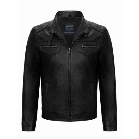 Mock Neck Casual Leather Jacket // Black (S)
