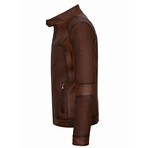 Mock Neck Textured Racer Leather Jacket // Chestnut (M)