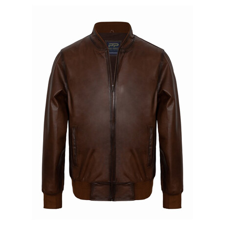 Mock Neck Racer Leather Jacket // Chestnut (S)