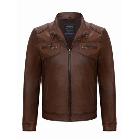Front Pockets Racer Leather Jacket // Chestnut (S)