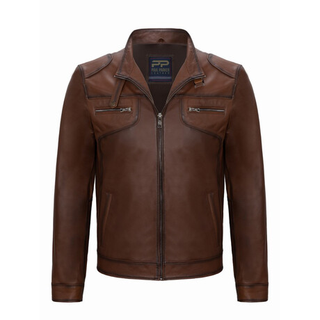 Front Pockets Racer Leather Jacket // Chestnut (XS)