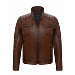 Mock Neck Quilted Shoulders Racer Leather Jacket // Chestnut (3XL)