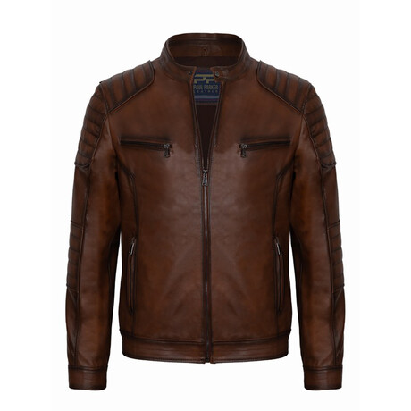 Shoulder Details Racer Leather Jacket // Chestnut (S)