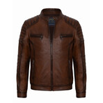 Shoulder Details Racer Leather Jacket // Chestnut (2XL)