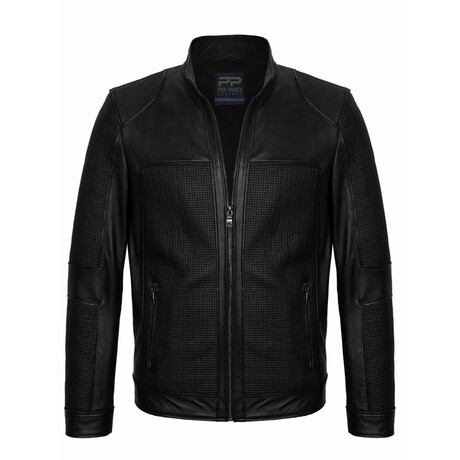 Shoulder & Chest Textured Racer Leather Jacket // Black (S)