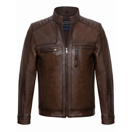 Shoulder Details Casual Racer Leather Jacket // Chestnut (XS)